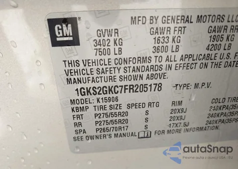 2015 GMC Yukon Xl 1500 Sle из США, поврежденный, VIN 1GKS2GKC7FR205178